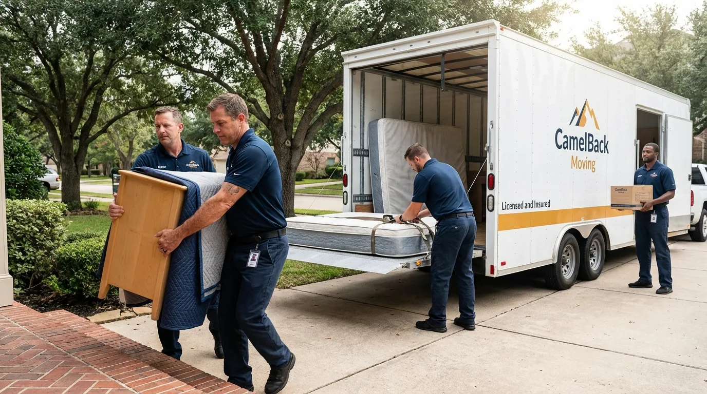 Crew loading residential truck for cross-state move from South El Monte, CA