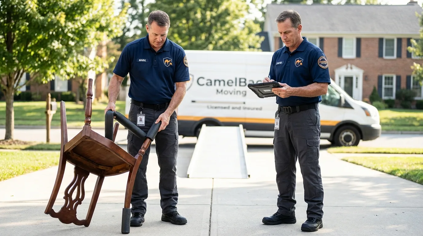 Movers inspecting furniture for damage prevention before loading in South El Monte, CA