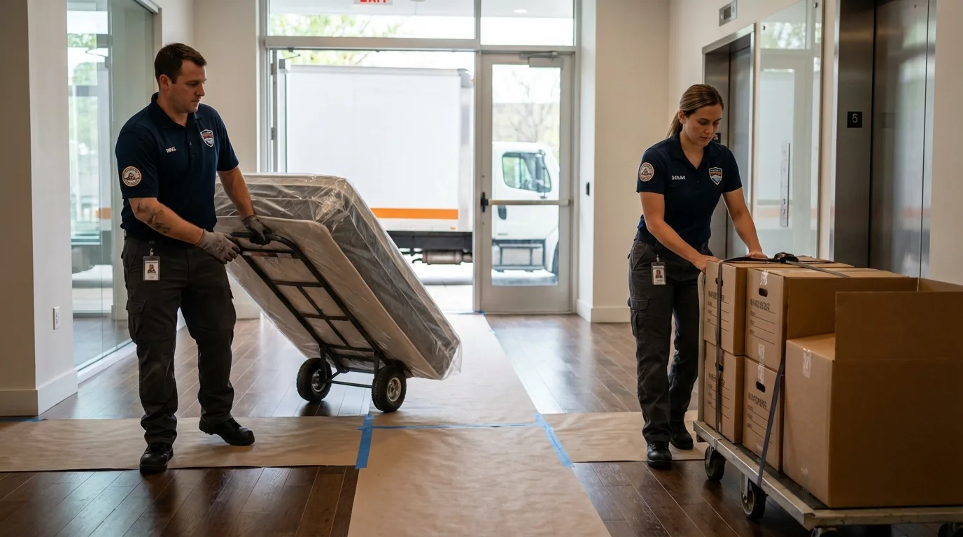 Professional apartment movers loading elevator in South El Monte, CA