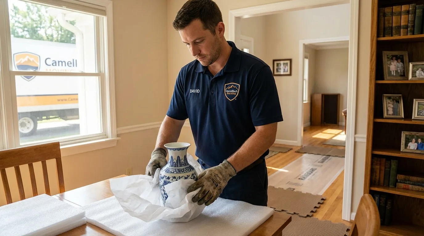 Professional crew carefully wrapping antique vase for senior downsizing move in South El Monte, CA